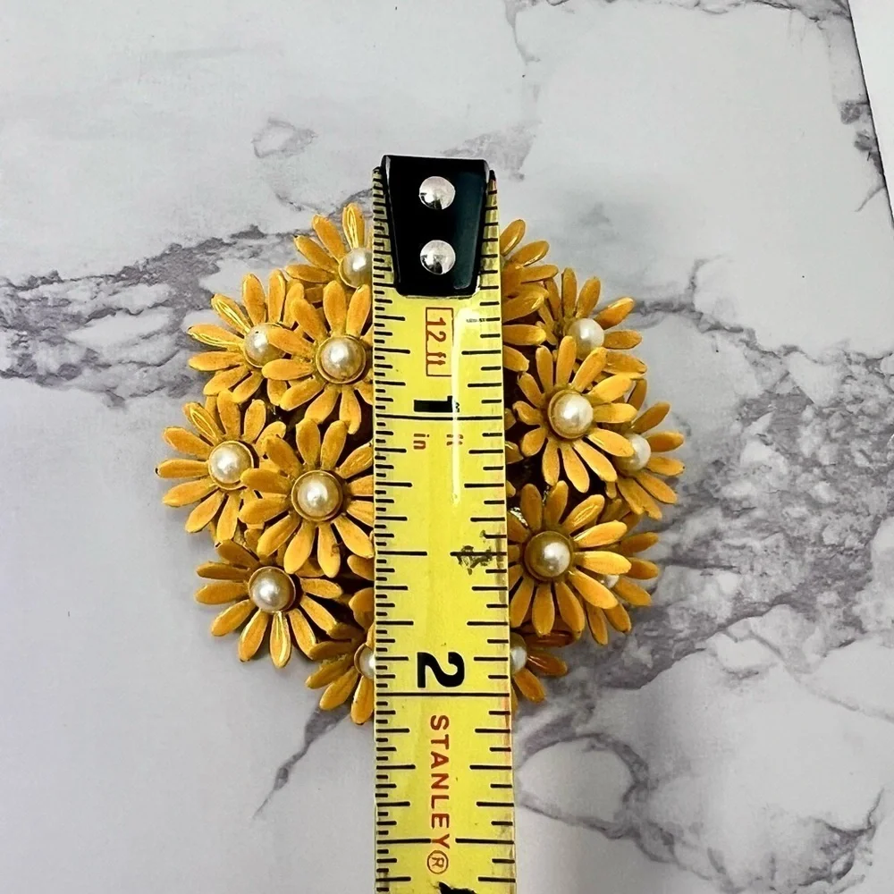 Vintage Yellow Daisy Pearl Metal Flower Brooch Vibrant Retro